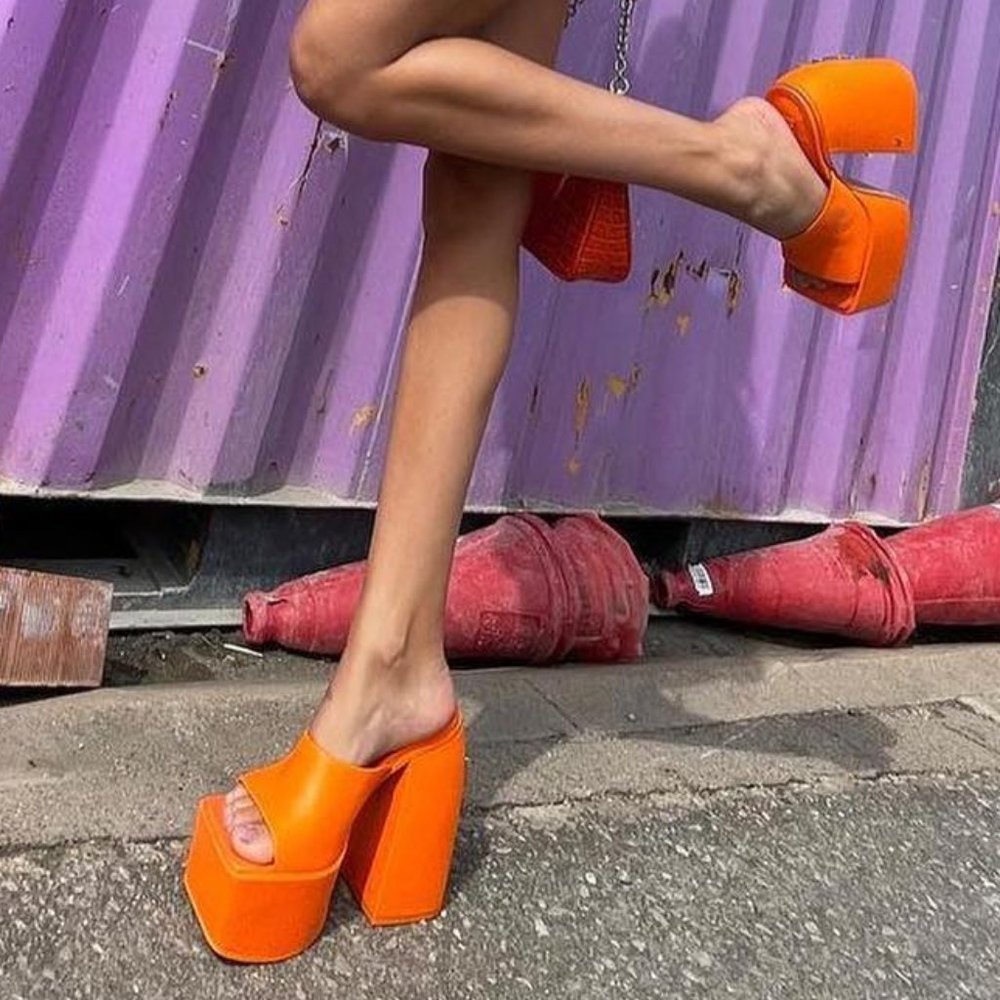 Orange Faux Leather Square Toe Chunky Platform High Heeled Mules Sandals